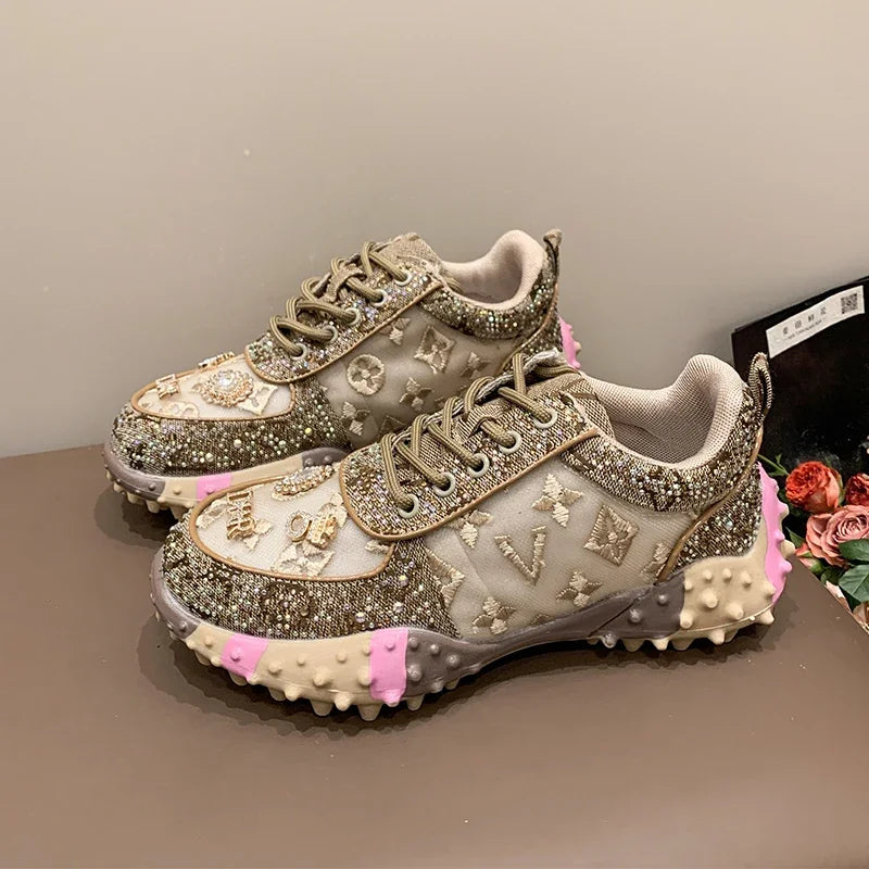 Women's Rhinestone Platform Sneakers | Luxury Lace-Up Shoes Platform Sneakers Axl Khaki 40