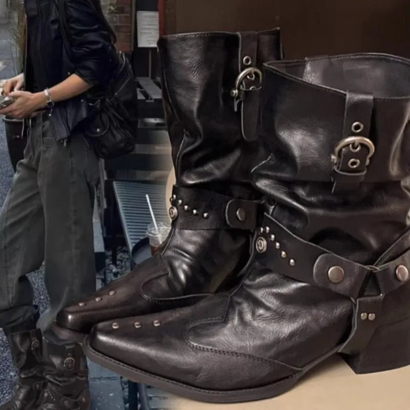 Women's Rivet Mid-Calf Knight Boots – Thick Heel Pointed Toe Women's Mid-Calf Boots Axl
