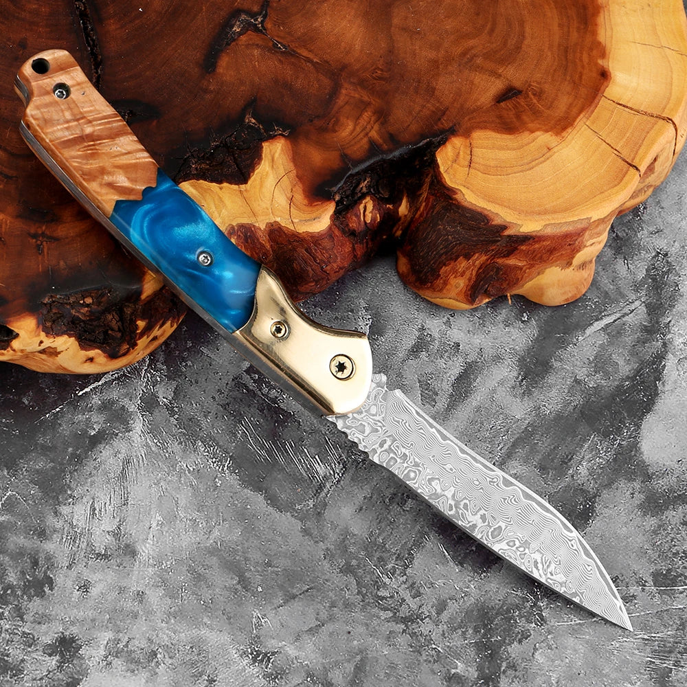 Damascus Steel Folding Knife – Rosewood & Resin Handle | EDC Folding Pocket Knife Axl