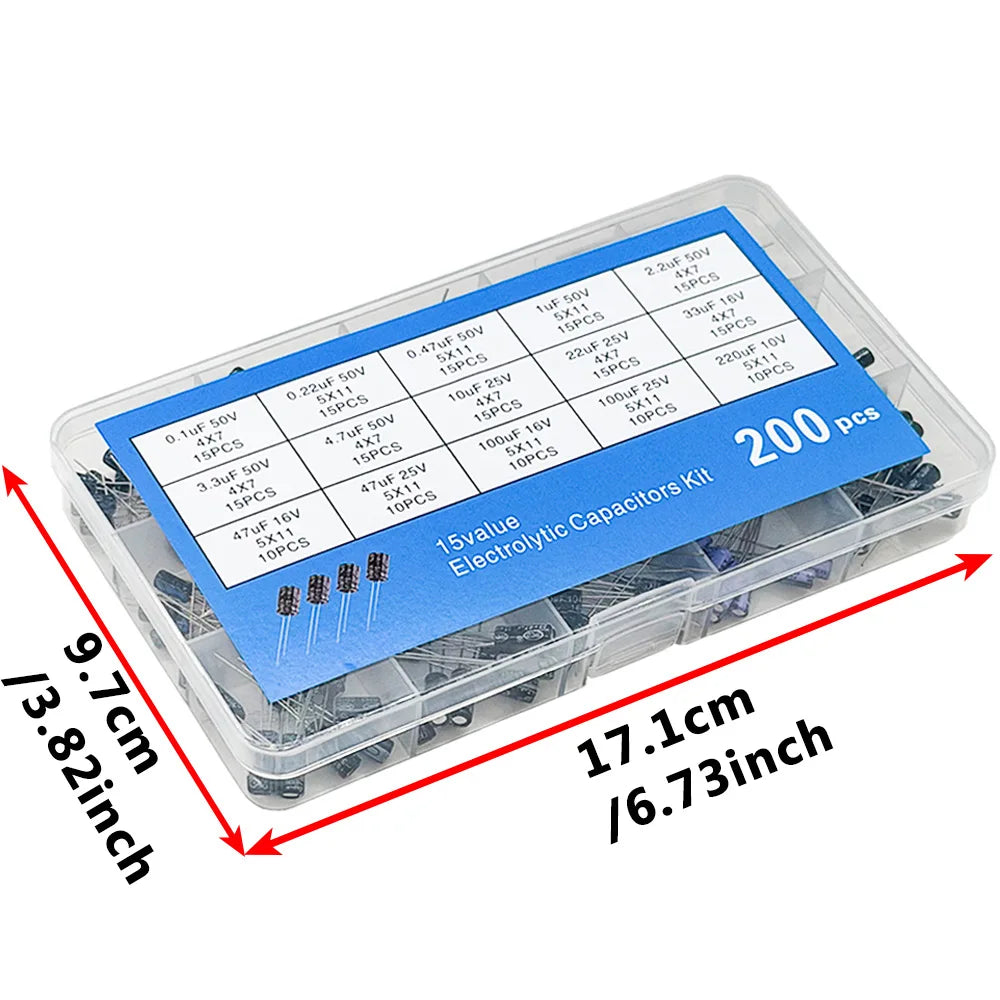 200 PCS Electrolytic Capacitor Kit – 15 Values 10V–50V Capacitor Assortment Kit Axl