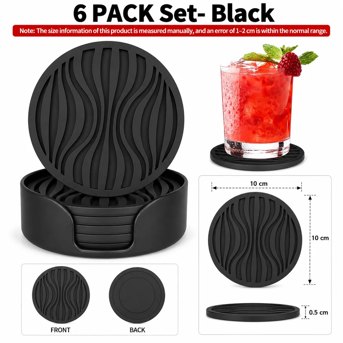 Silicone Coasters Set of 6 with Holder – Heat Resistant Cup Mats Silicone Coaster Set Axl 6 PACK Set- Black