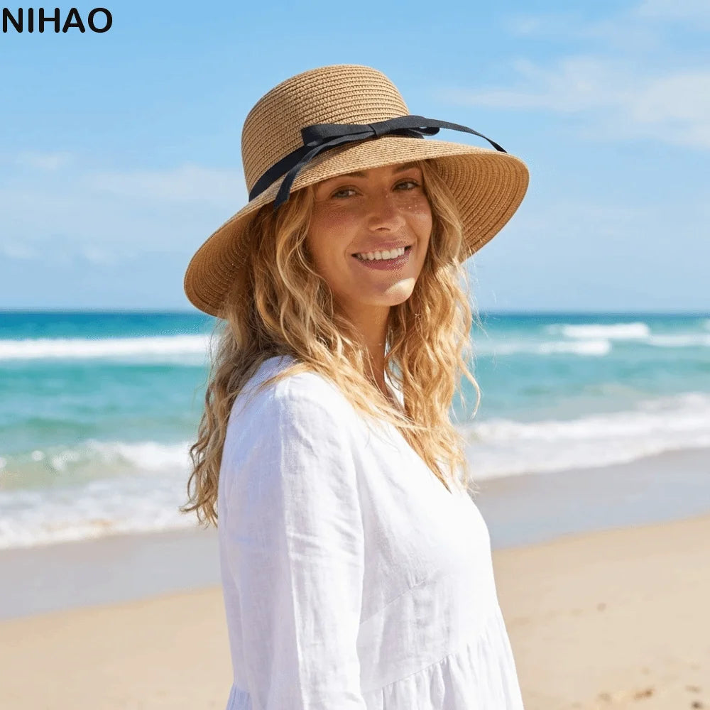 Women's Wide Brim Straw Bow Hat – Bohemian Beach Bucket Hat Wide Brim Sun Hat Axl