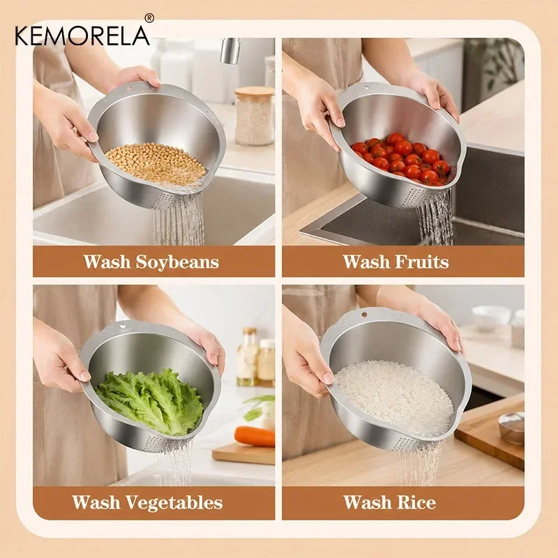 KEMORELA Stainless Steel Rice Washer Bowl & Colander Colander Strainer Bowl Axl