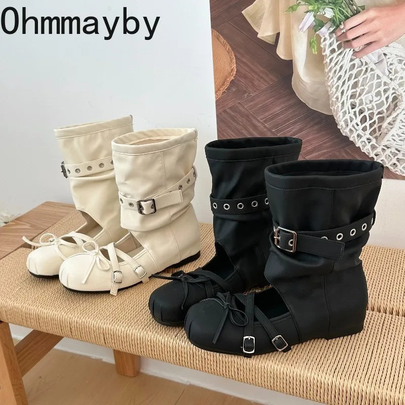 Women's Hollow Out Wedge Sandal Boots – Bow Buckle Mid-Calf Wedge Sandal Boots Axl