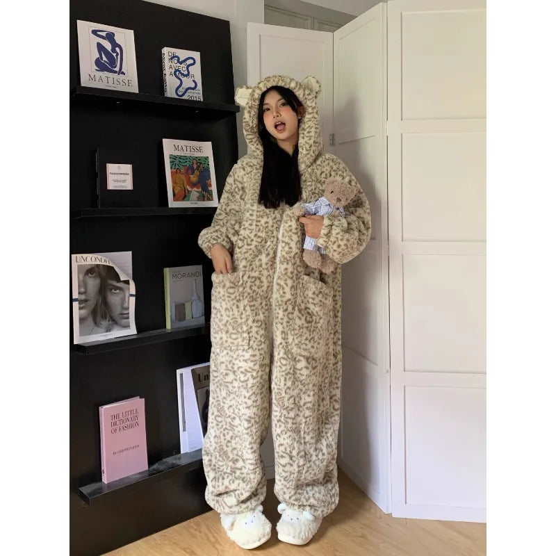 Women's Hooded Leopard Print One-Piece Fleece Pajamas Women's Pajama Onesie Axl leopard print S