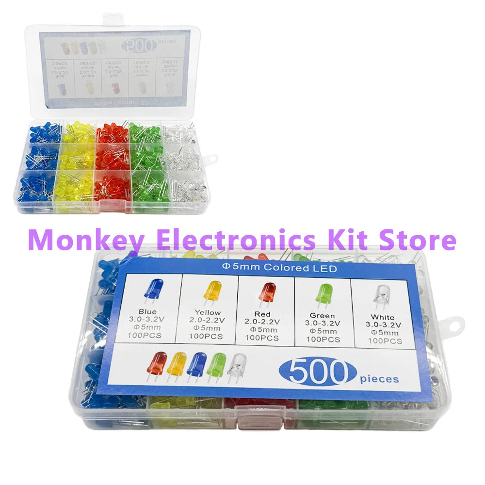 500 PCS 5mm LED Assortment Kit – 5 Colors Red Yellow Blue White LED Component Kit Axl