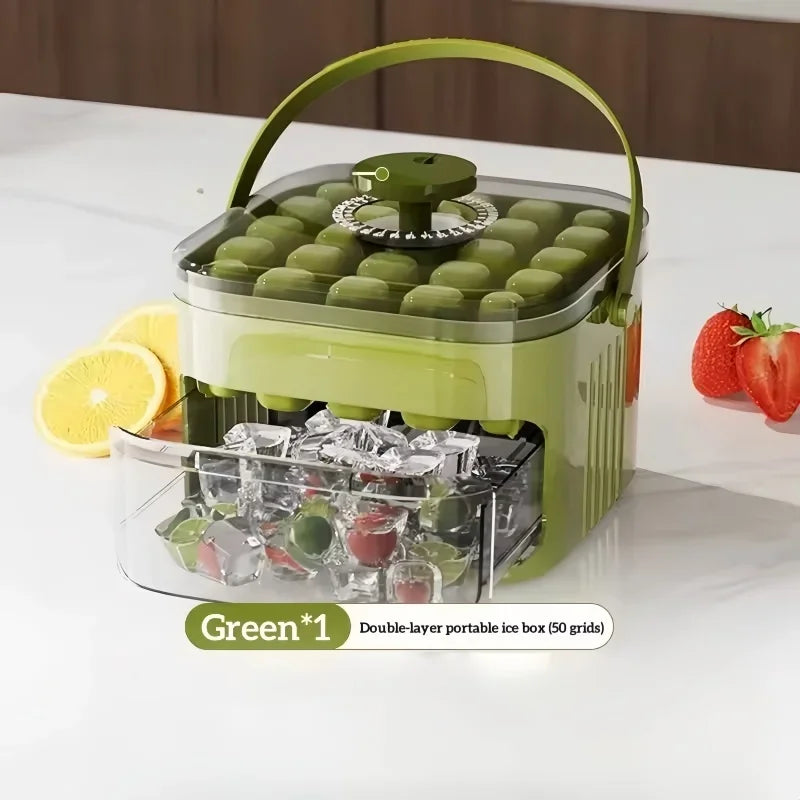 50-Grid Double Layer Ice Cube Tray with Lid | Reusable Mold Ice Cube Tray Axl green As whown