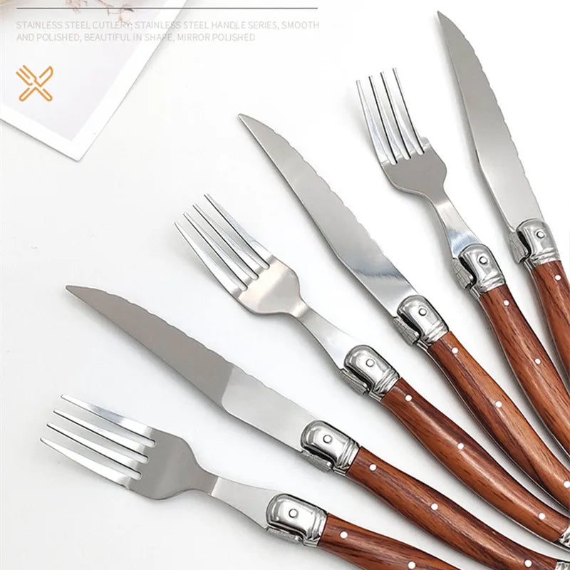6pc Laguiole Steak Knife & Fork Set – Wood Grain Handle Steak Knife Fork Set Axl