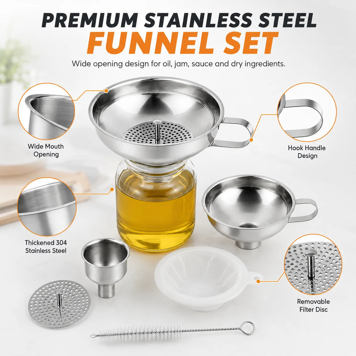 Stainless Steel Wide Mouth Canning Funnel Set with Strainer Kitchen Funnel Set Axl