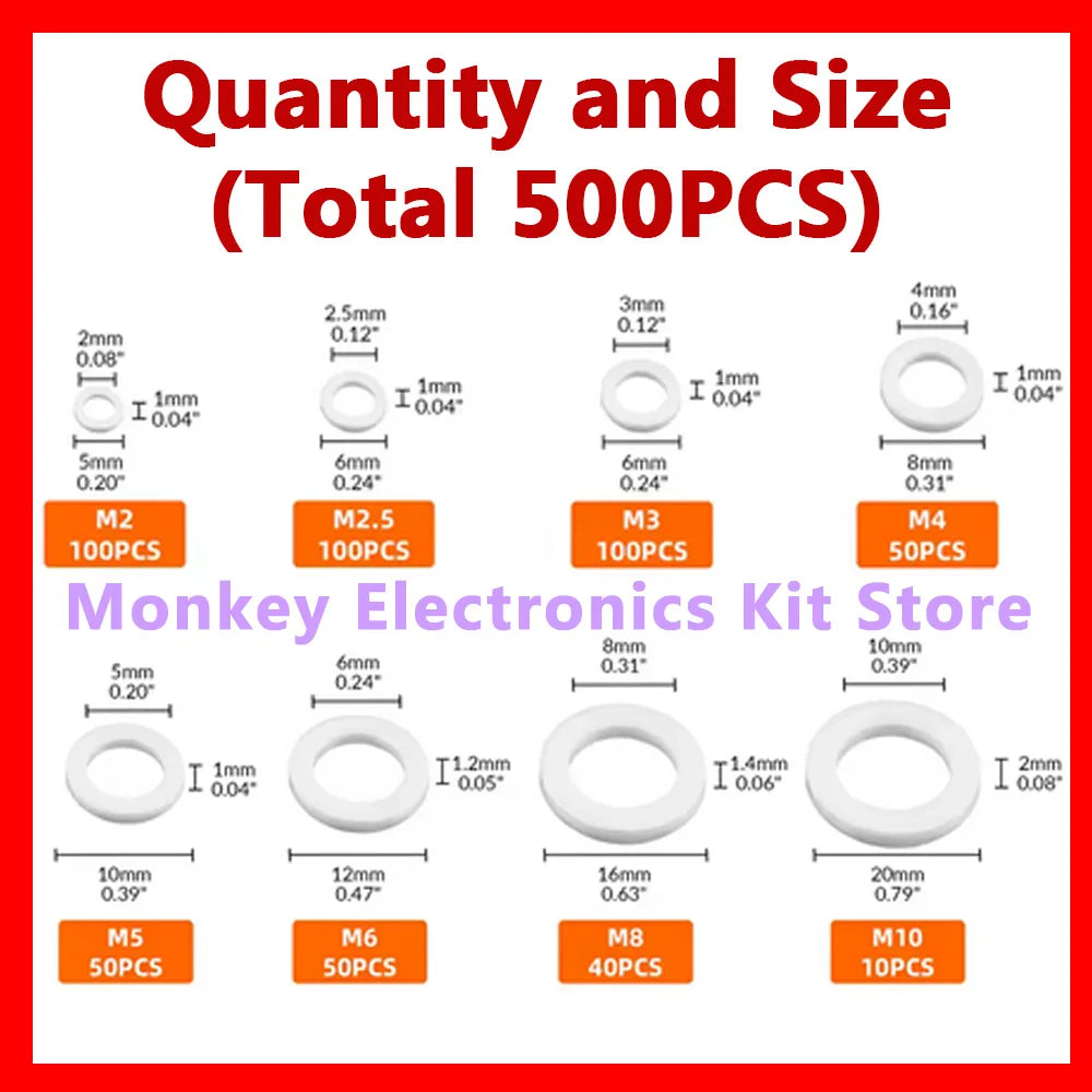 500 PCS Nylon Flat Washer Kit – M2 to M10 Insulation Gaskets Nylon Washer Kit Axl
