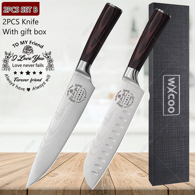 WXCOO Japanese Chef Knife 5Cr15Mov Steel Santoku Boning Knife Chef Kitchen Knife Axl 2PCS SET B