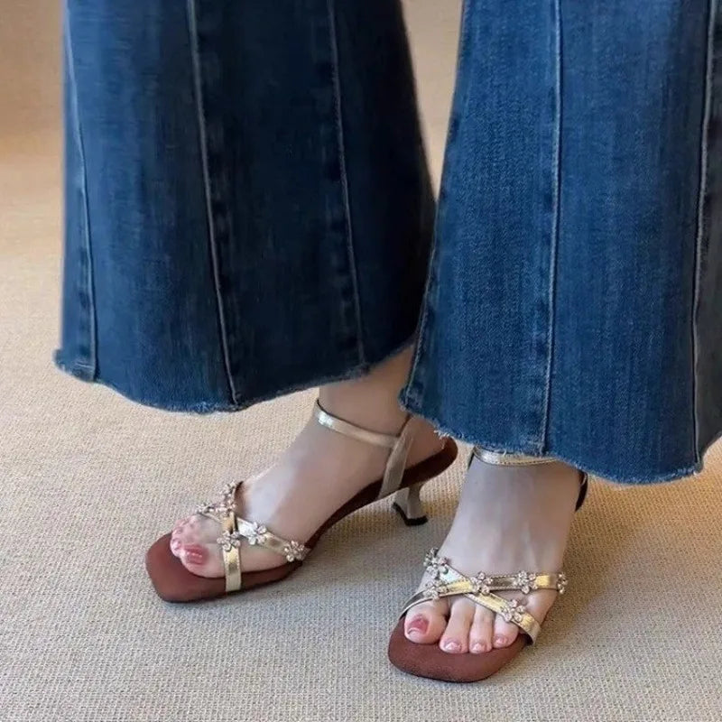 Women's Flower Buckle Peep Toe Low Heel Sandals | Party Shoes Low Heel Sandals Axl