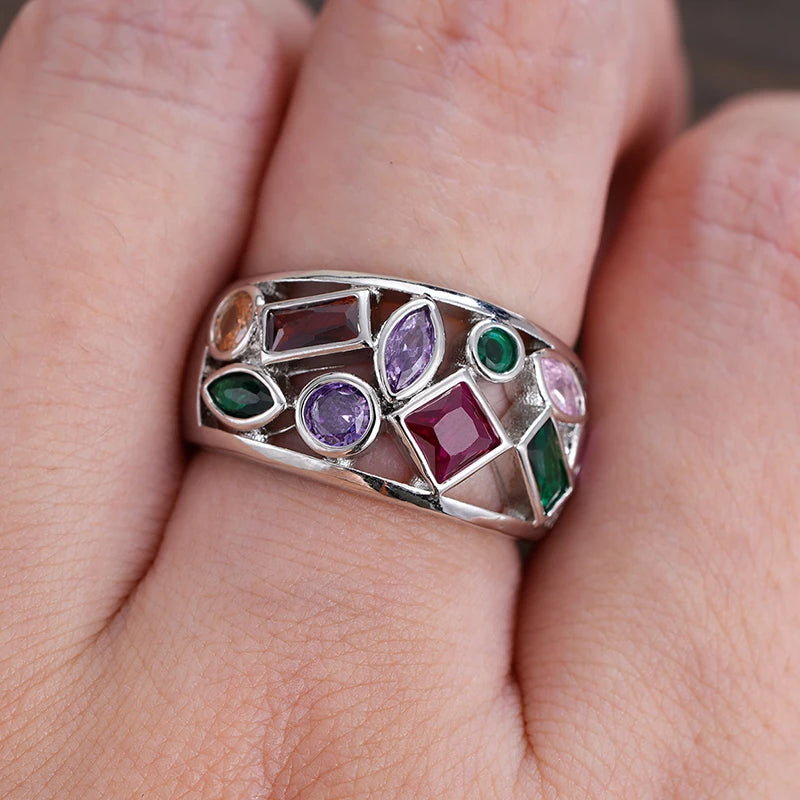 Huitan Rainbow CZ Wide Band Ring – Bohemian Women's Jewelry Fashion Ring Axl