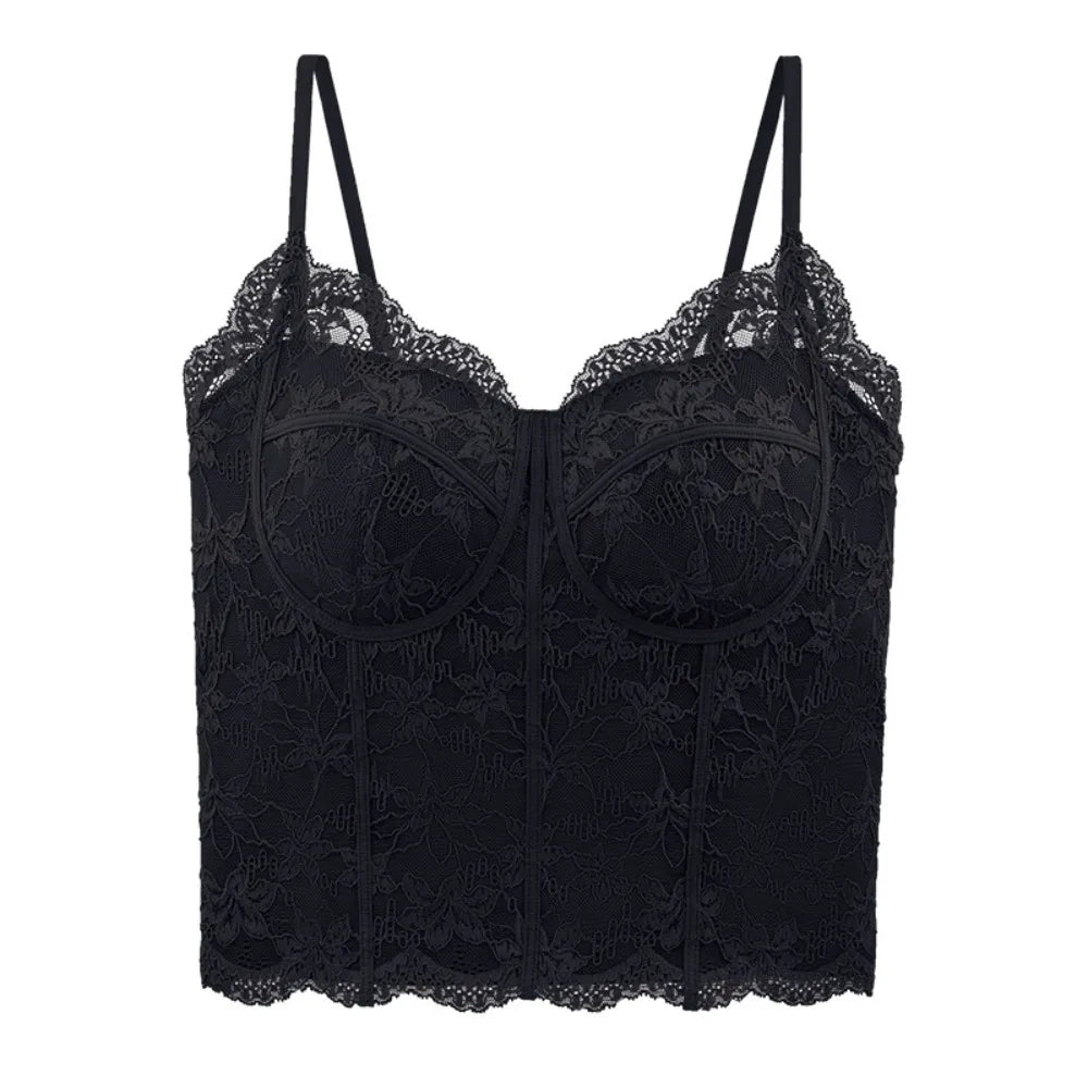 Mesh Floral Lace Crop Camisole Top with Pads | Women's Summer Vest Lace Crop Camisole Axl Black S