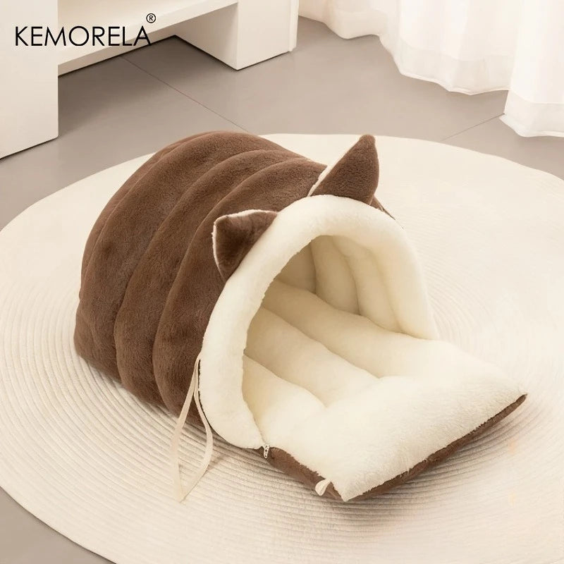 KEMORELA Cat Ear Bed – Warm Semi-Enclosed Pet Nest Cat Bed Axl Coffee M