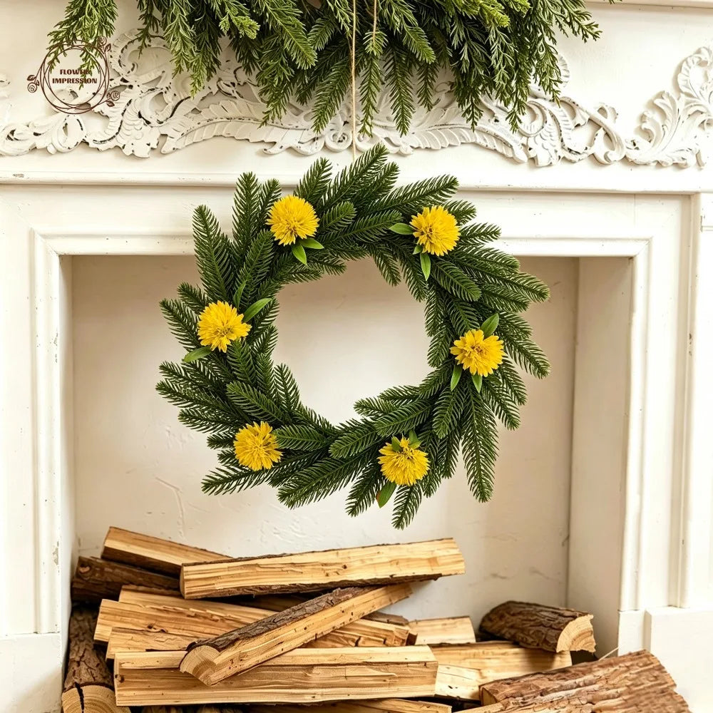Artificial Spruce Wreath – Yellow Dandelion Farmhouse Décor Artificial Floral Wreath Axl