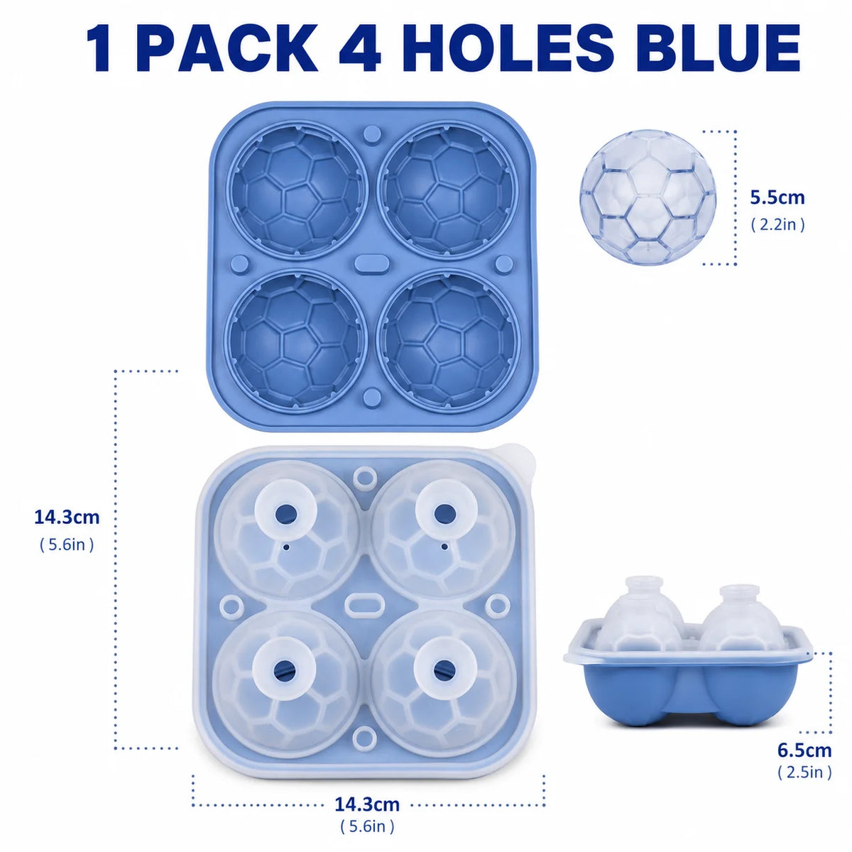 3D Soccer Ball Silicone Ice Mold – 9-Cavity Football Sphere Tray Silicone Ice Mold Axl 1 PACK 4 Holes Blue