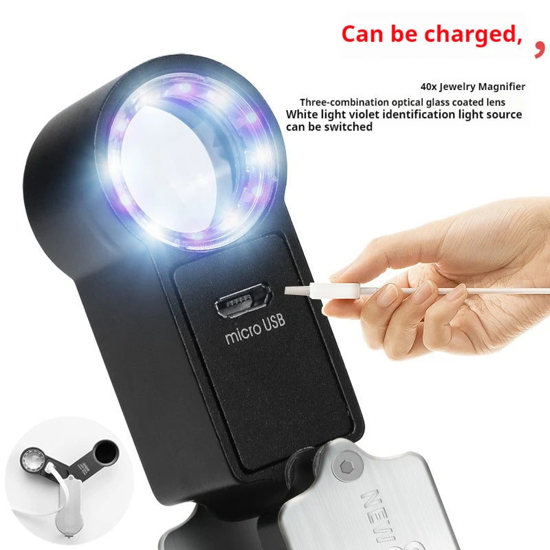 40X Rechargeable Magnifying Glass White & UV Light Loupe Illuminated Magnifying Loupe Axl