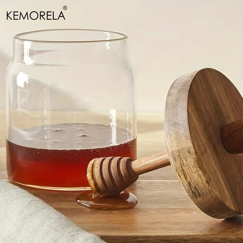 Glass Honey Jar with Dipper & Lid | Wide Mouth Syrup Dispenser Glass Honey Jar Axl