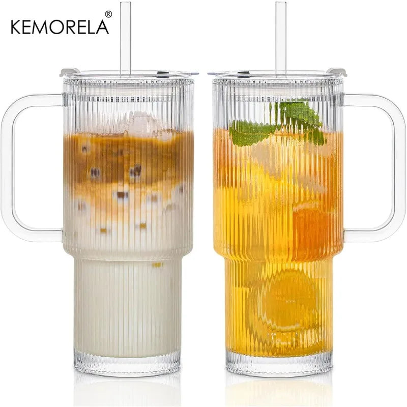 760ml Ribbed Glass Tumbler with Lid & Straw | Hot & Cold Cups Glass Tumbler Set Axl