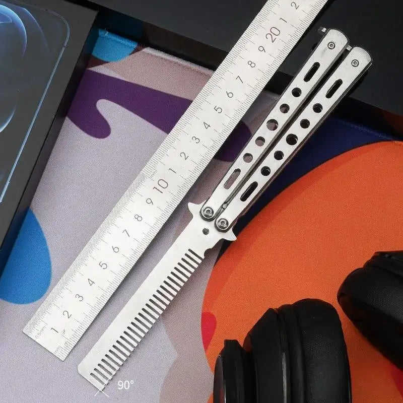 Butterfly Knife Comb – Foldable Stainless Steel Beard Styling Tool Novelty Grooming Comb Axl Silvery