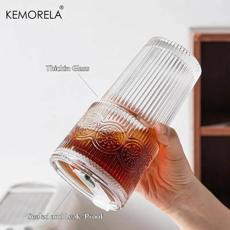 KEMORELA 600ml Floral Glass Tumblers with Lid & Straw | 1-2 Pack Glass Tumbler Set Axl