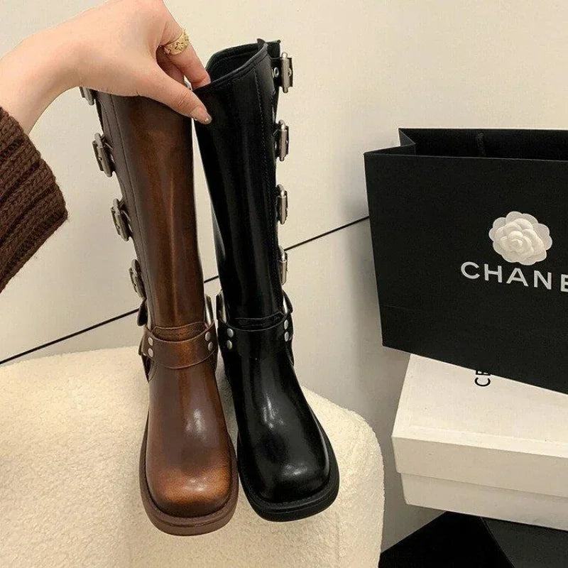 Women's Punk Mid-Calf Boots – Metal Buckle Chunky Wedge Heel Mid-Calf Boots Axl