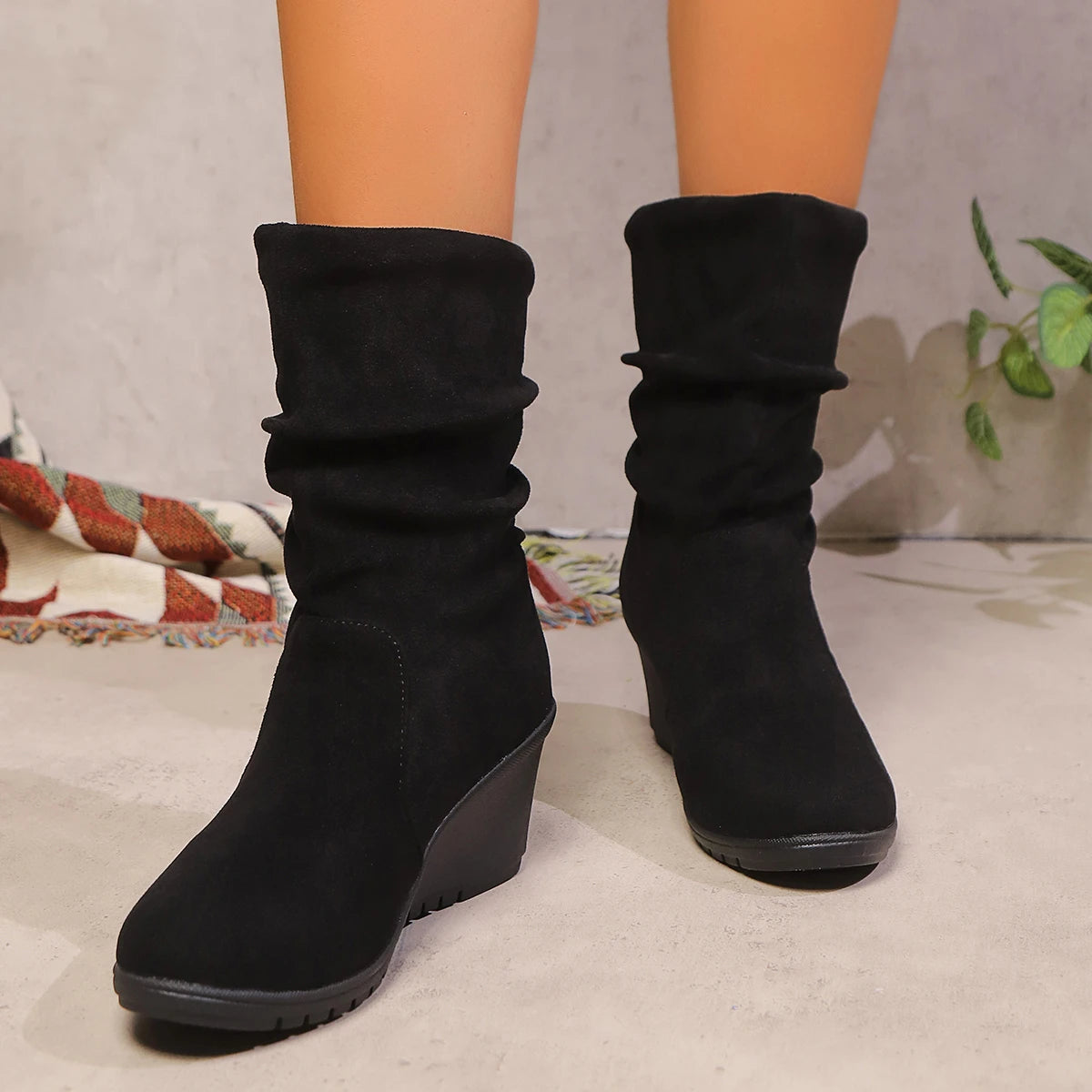 Women's Wedge Ankle Boots – Cow Suede Slip-On High Heel Wedge Ankle Boots Axl
