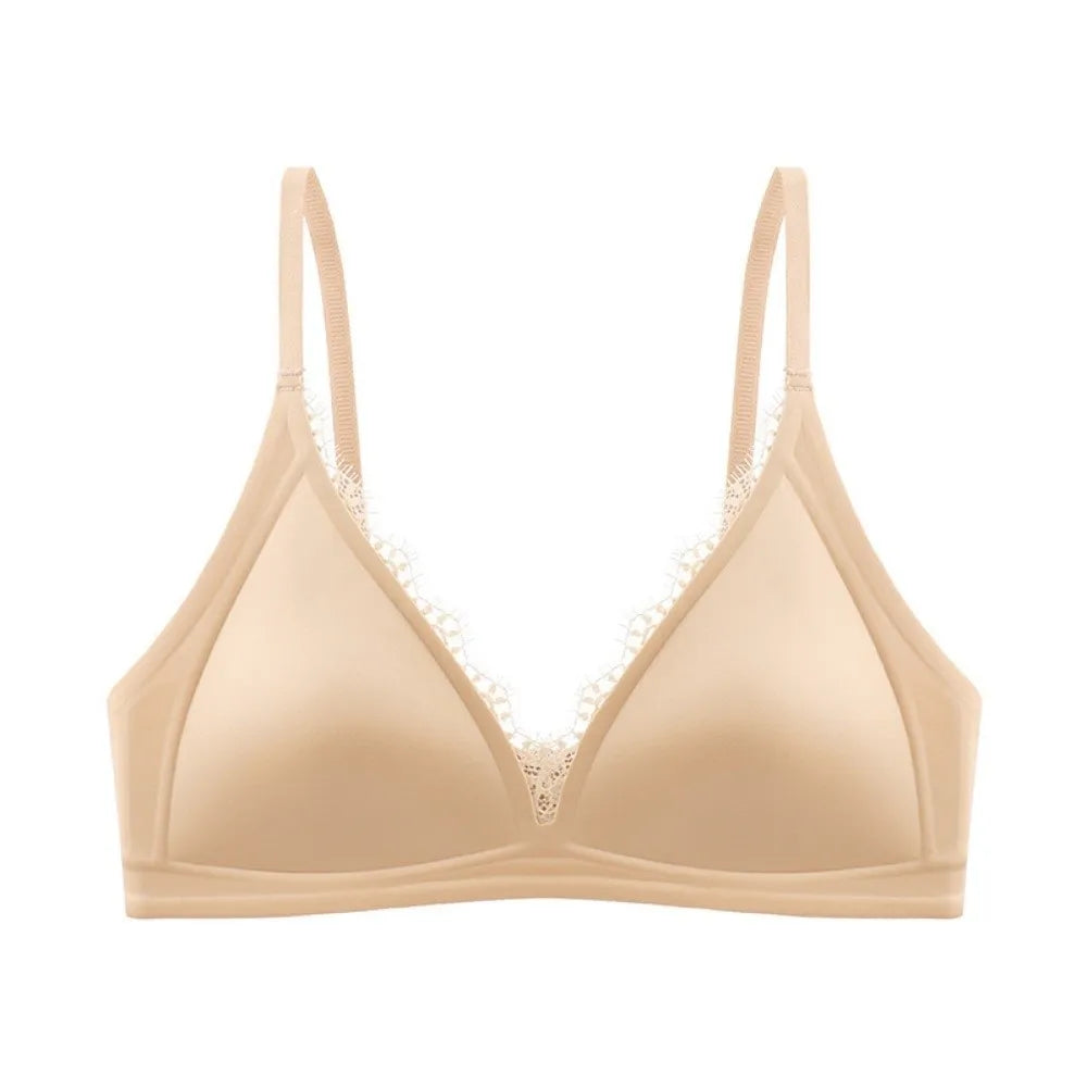 Satin Lace Wireless Push-Up Bra – V-Neck Traceless Brassiere Wireless Push-Up Bra Axl Nude 1XL