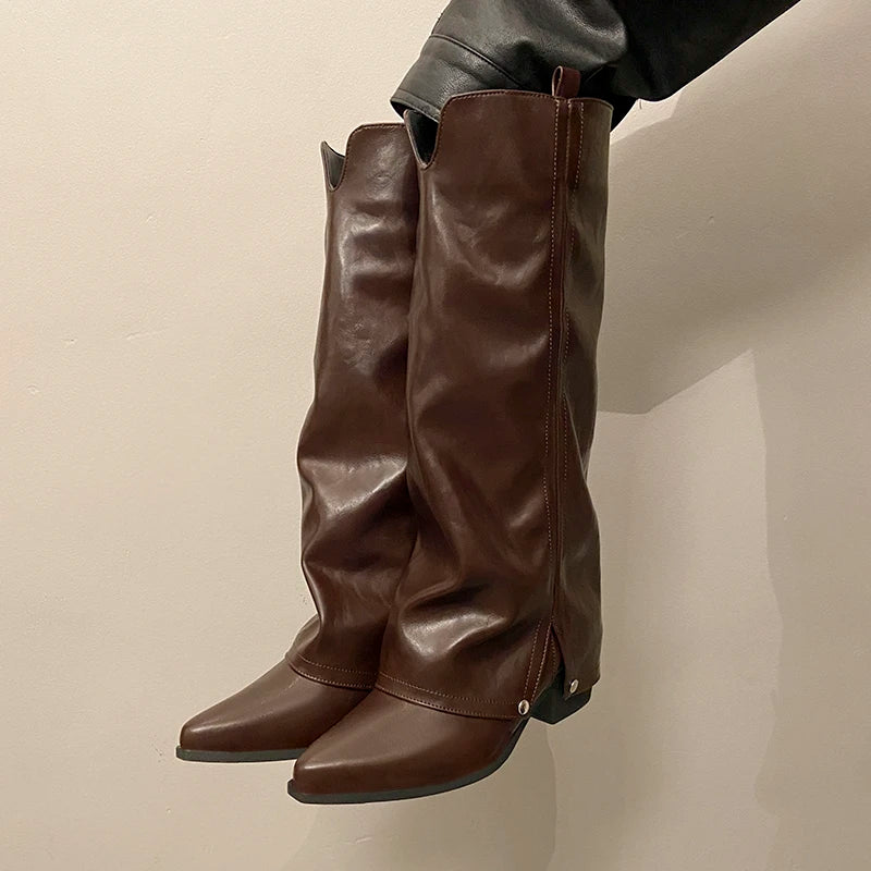 Women's Pointed-Toe Chunky Heel Knight Boots | Rivet Style Knee-High Boots Axl 37 brown