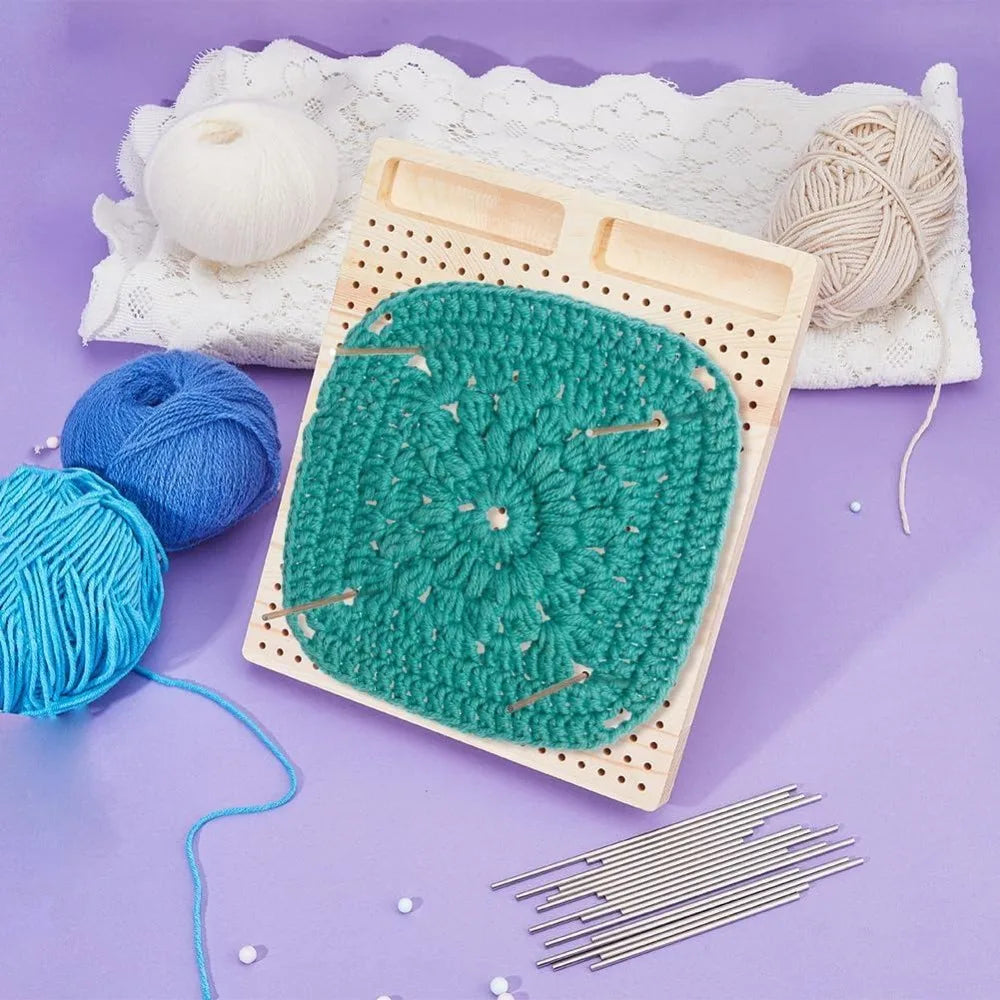 Wooden Crochet Blocking Board with 30 Steel Rod Pins – 11×10 in Blocking Board Kit Axl