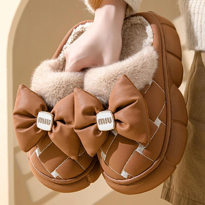 Women's Plush Faux Fur Bow Slippers – Warm Indoor Slides Women's Indoor Slippers Axl Brown 36-37