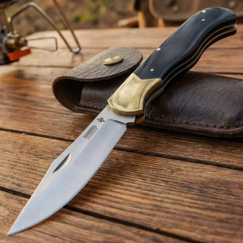 Folding Pocket Knife – Ebony & Brass Handle + Leather Sheath EDC Folding Pocket Knife Axl