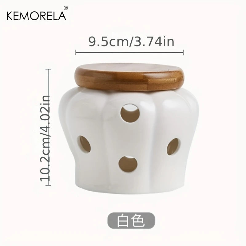 White Ceramic Garlic Jar with Ventilated Bamboo Lid – KEMORELA Ceramic Storage Jar Axl