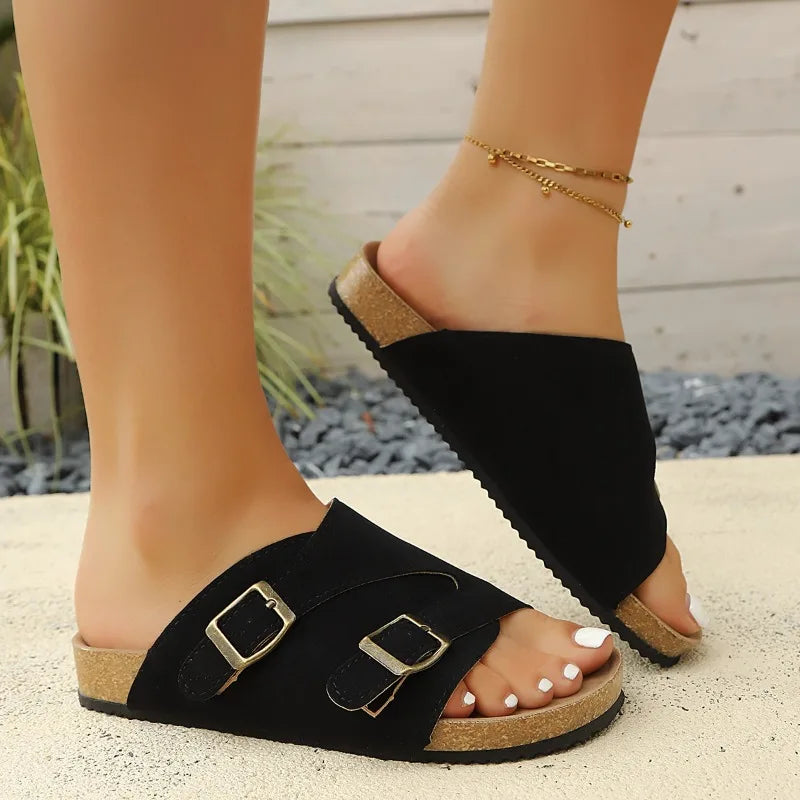 Women's Faux Suede Cork Sandals Double Buckle Flat Slides Cork Flat Sandals Axl