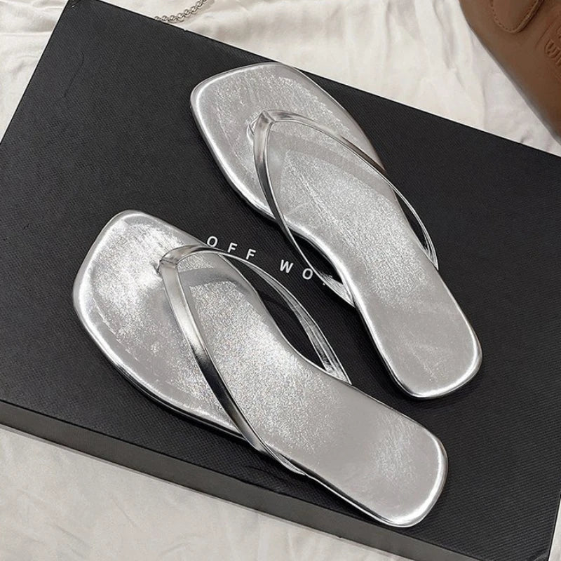 Women's Square Toe Flip Flops – Soft Sole Summer Slides Women's Flip Flops Axl Silver 42
