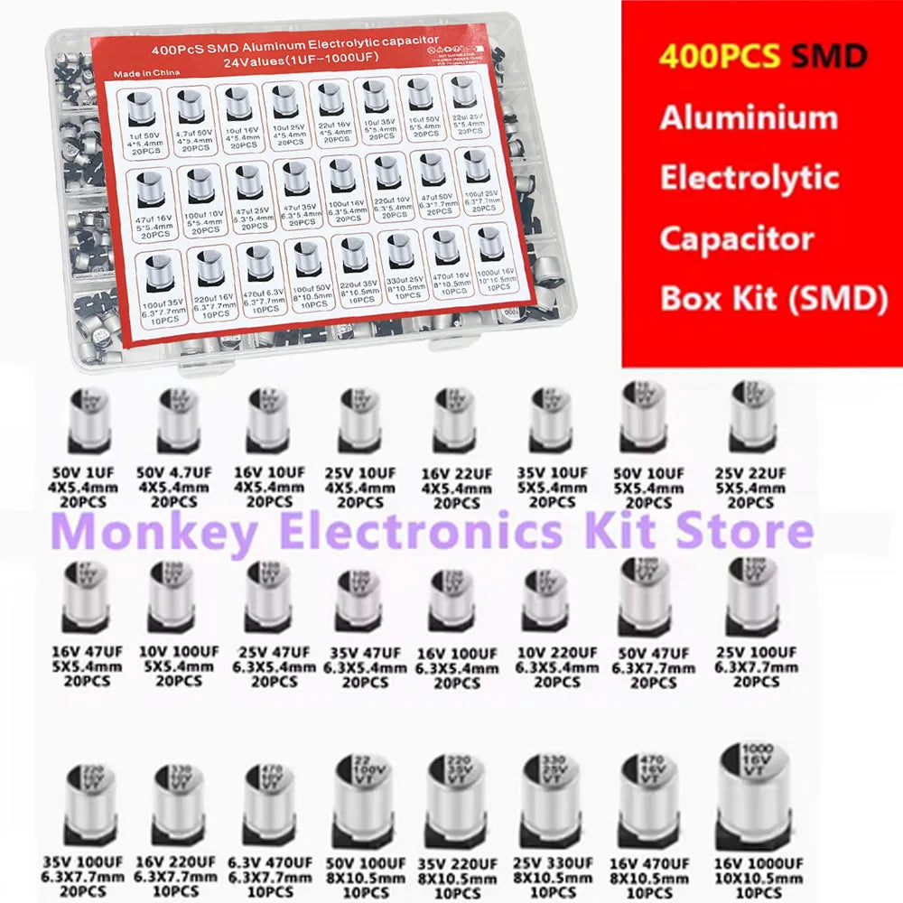 400PCS SMD Electrolytic Capacitor Kit – 24 Values 1uF–1000uF Capacitor Assortment Kit Axl Default Title