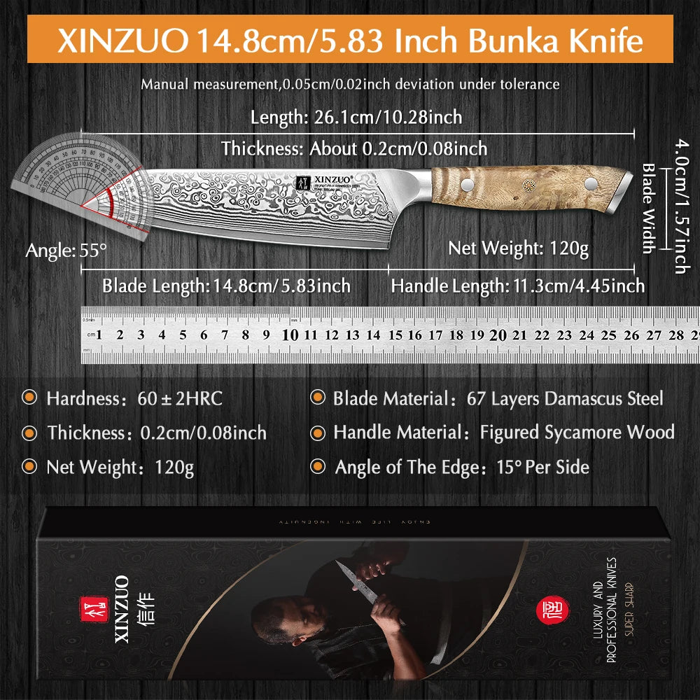 XINZUO 5.8" Damascus Bunka Chef Knife – 67-Layer Steel Damascus Chef Knife Axl