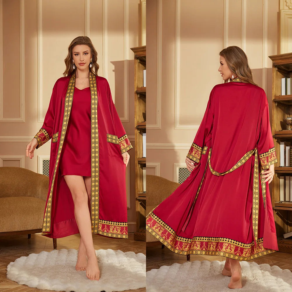 Women's Long Sleeve Printed Lace-Up Robe | Casual Bathrobe Women's Bathrobe Axl red gold One Size