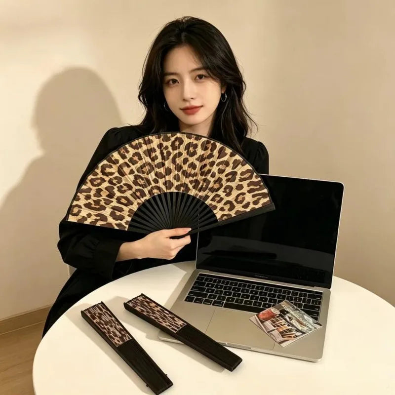 Women's Leopard Print Folding Hand Fan – Vintage Black Frame Folding Hand Fan Axl