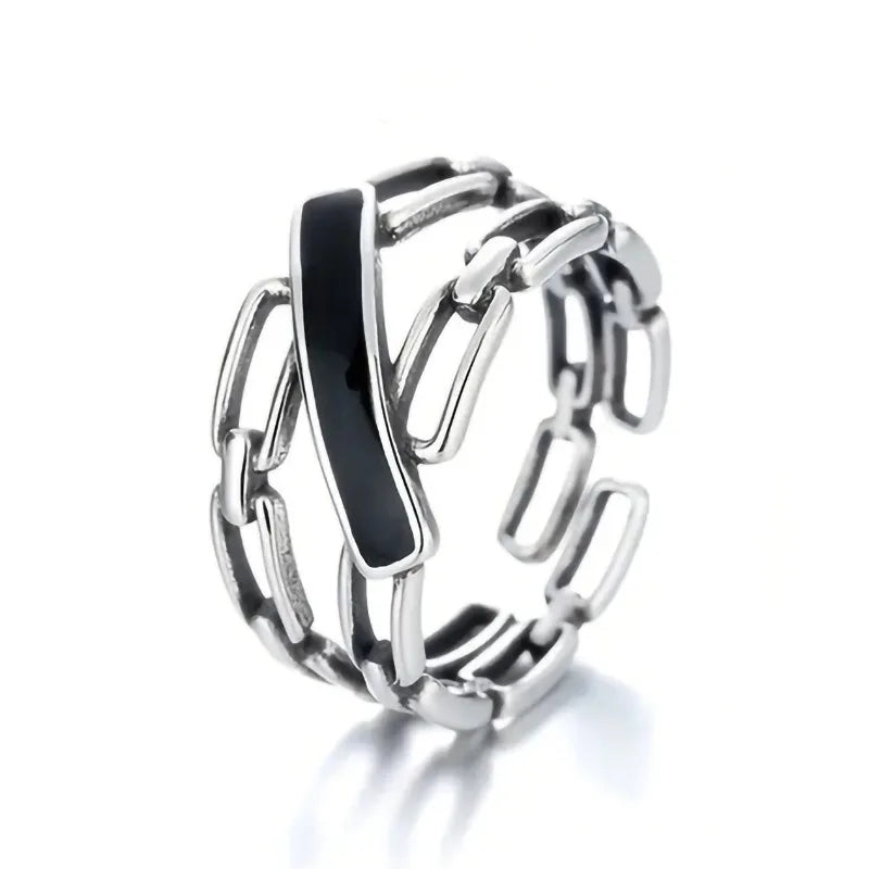 Huitan Black Enamel Chain Link Ring | Vintage Geometric Women Fashion Ring Axl