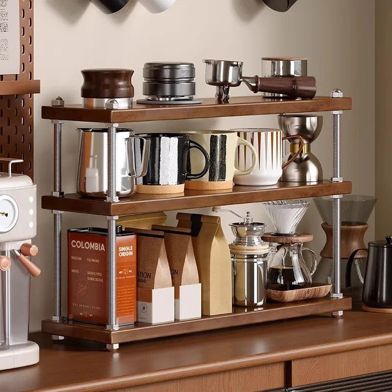 Solid Wood 3-Tier Adjustable Cup & Storage Rack Organizer Wood Storage Rack Axl