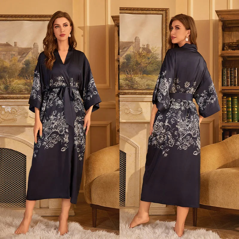 Women's Floral Satin Kimono Robe – Lace-Up Silk Bathrobe Satin Kimono Robe Axl 14 One Size