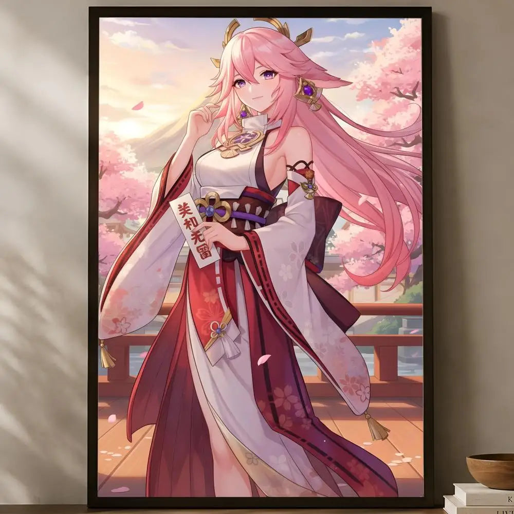 Yae Miko Self-Stick HD Wall Poster – Waterproof Anime Decor Wall Art Poster Axl White02 60X90cmNoframe