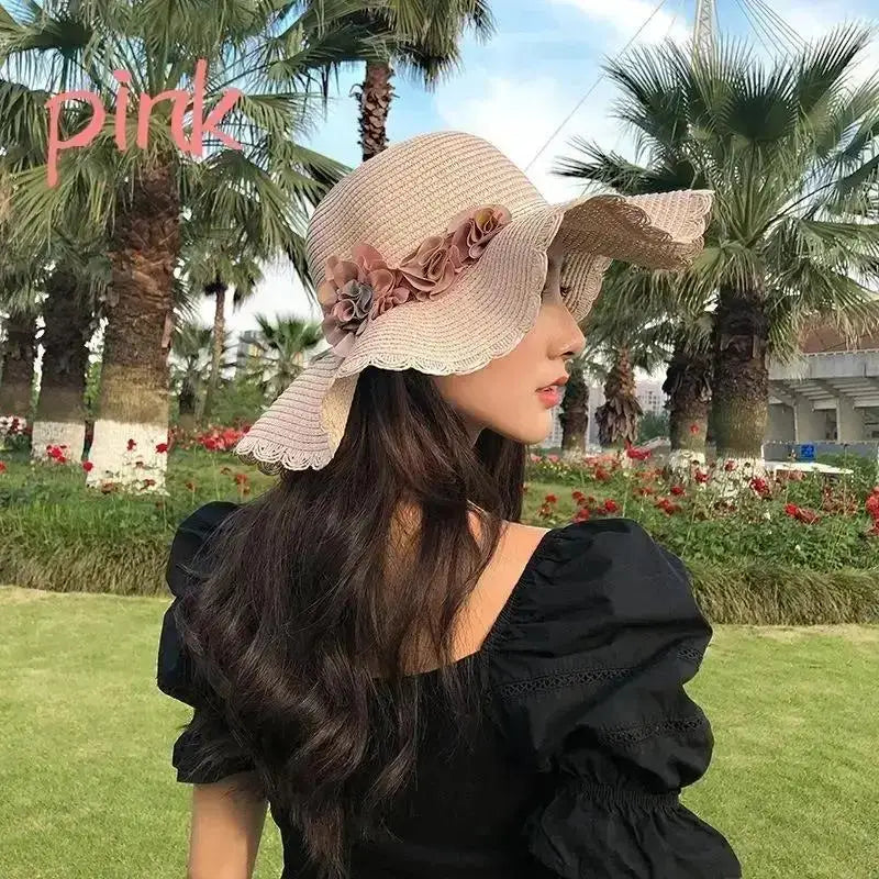 Women's Woven Floral Sun Hat – Breathable Summer Beach Hat Woven Sun Hat Axl Pink
