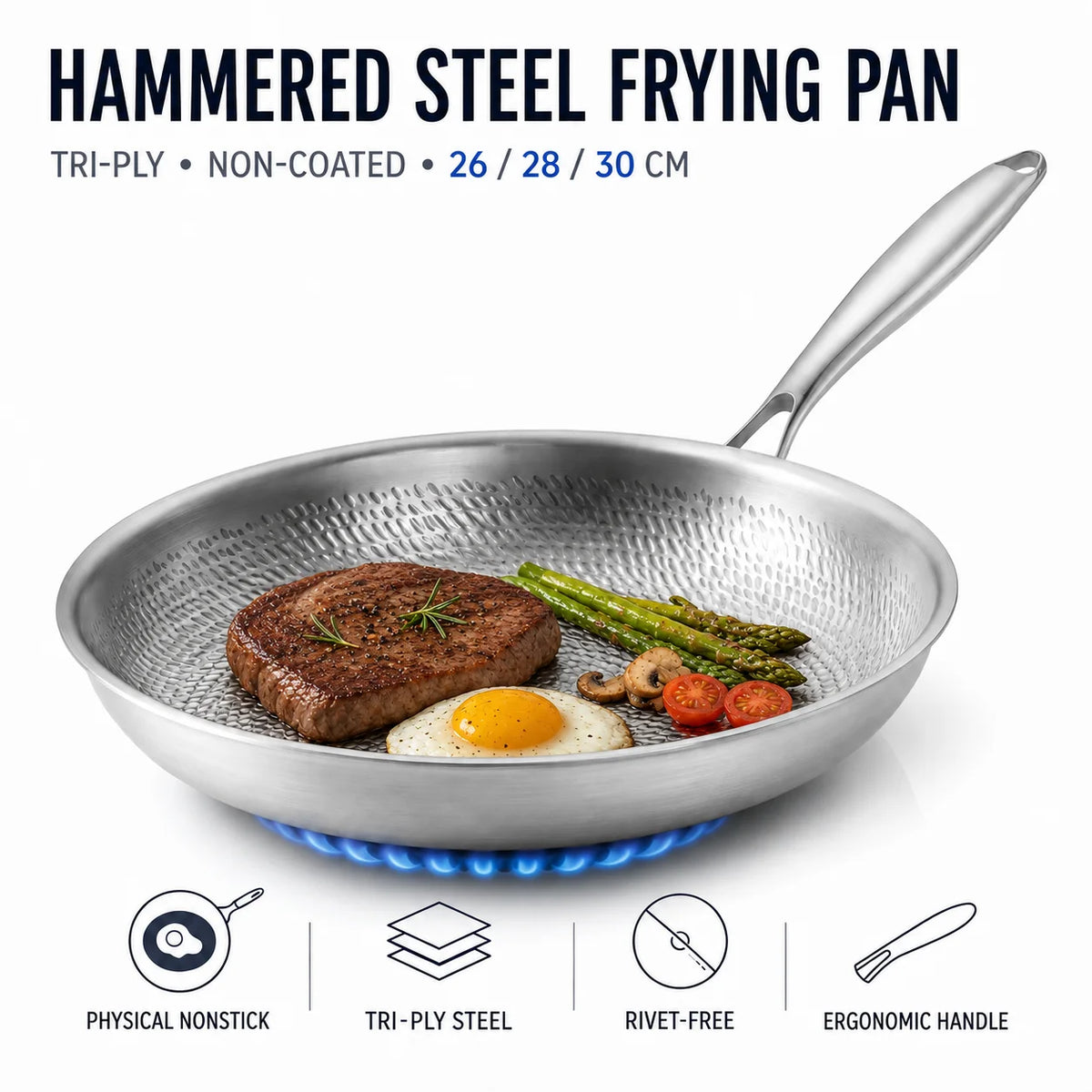 Hammered 3-Ply Stainless Steel Skillet – Uncoated Frying Pan 28cm Stainless Steel Skillet Axl