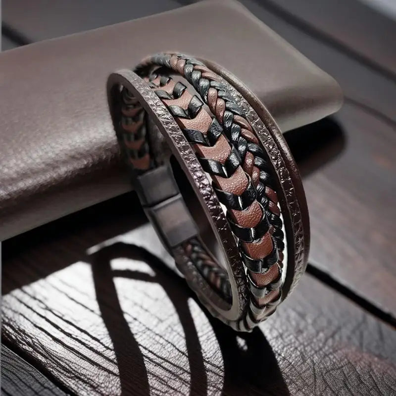 Men's Multilayer Braided Leather Wrap Bracelet | Magnetic Buckle Leather Wrap Bracelet Axl