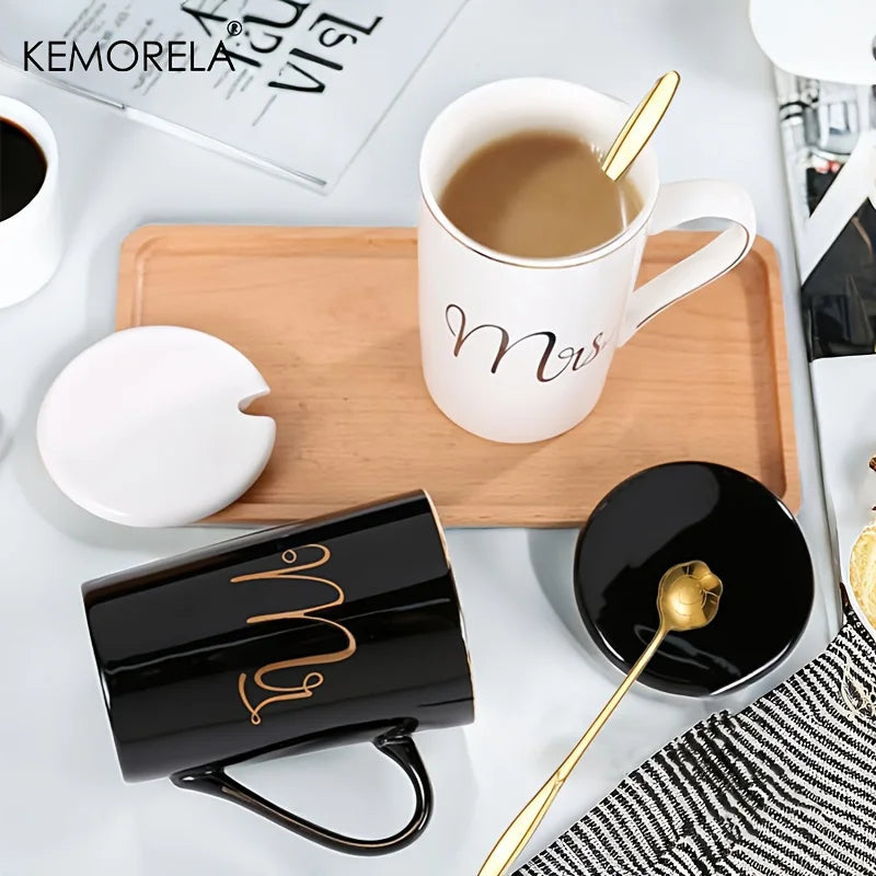 Golden Ceramic Coffee Mug Set with Lids & Spoons 400ml | 2-Pack Ceramic Mug Set Axl