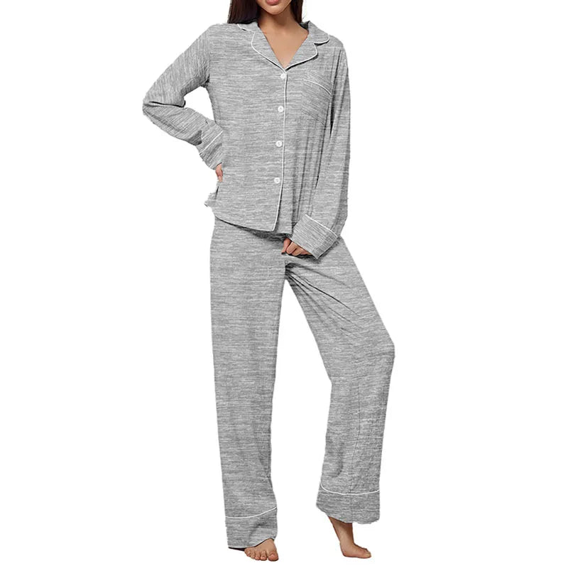 Women's Lapel Pajama Set – 2-Piece Long Sleeve Loungewear Women's Pajama Set Axl gray S