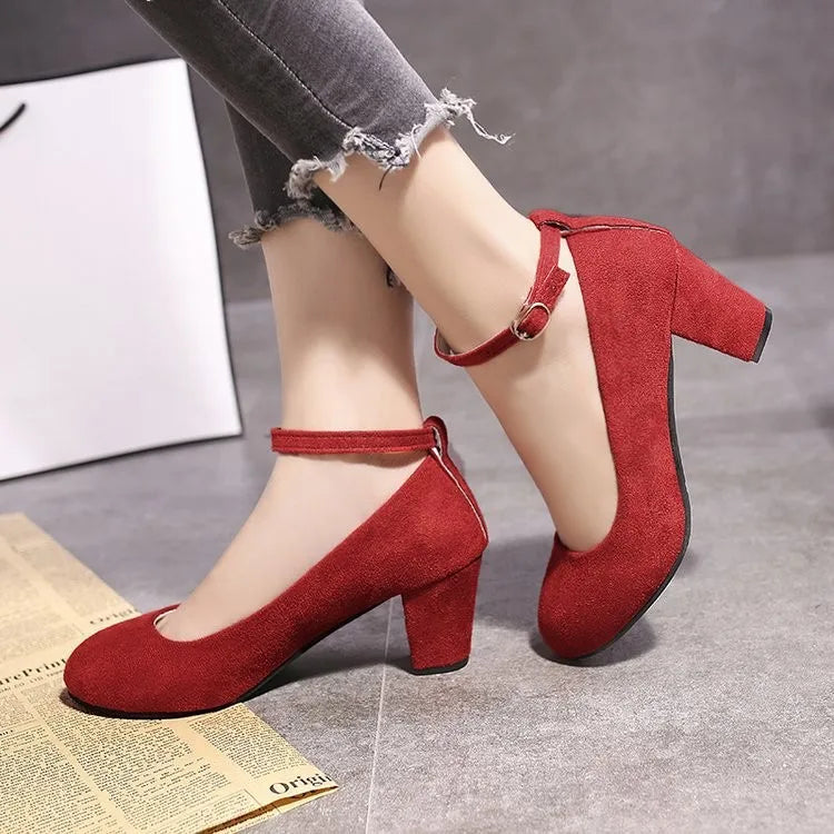 YBQJOO Women's Ankle Strap Pumps – Thick Square Heel Buckle Ankle Strap Pumps Axl Red 38